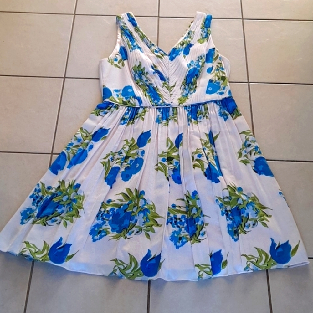 Boden White Dress with Blue and Green Floral Print